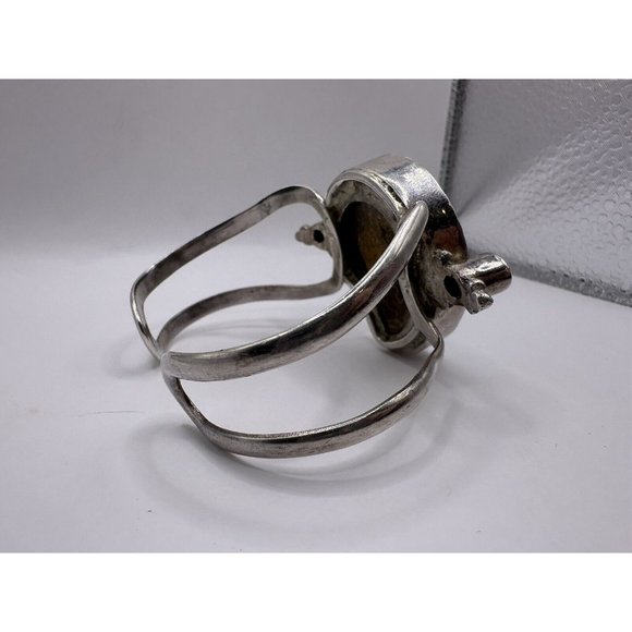 Native American Sterling Silver Statement Cuff Fossilized Nautilus w/ Turquoise - Picture 9 of 13